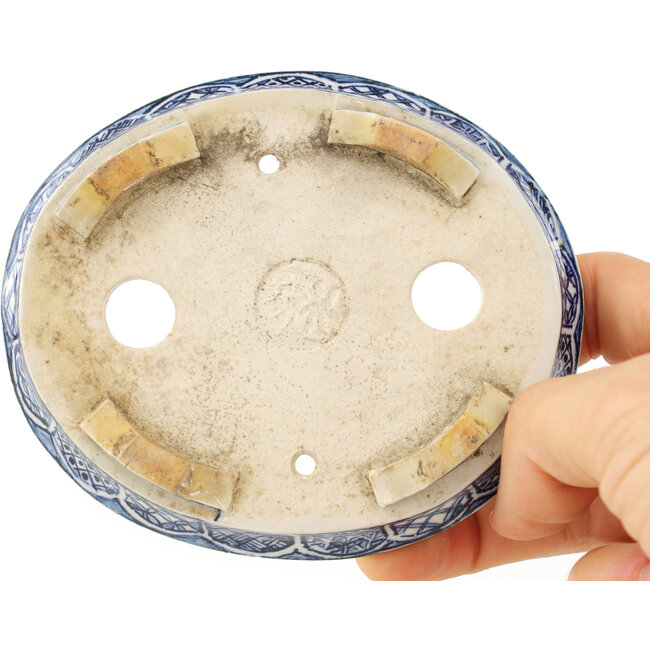 Pot à bonsaï ovale blanc et bleu par Echizen - 103 x 87 x 11 mm