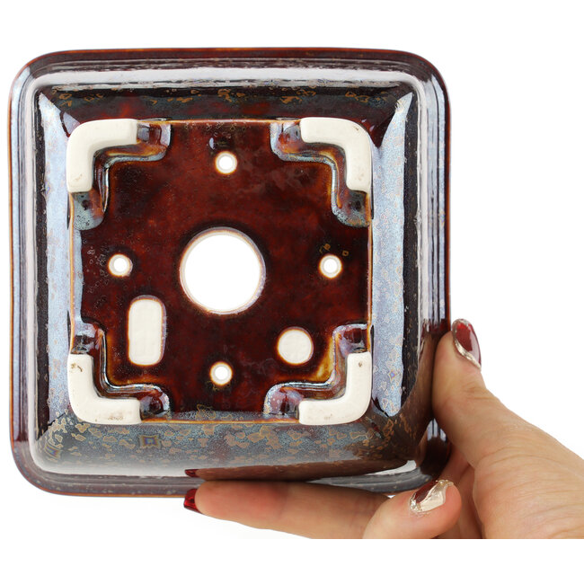 Vaso bonsai quadrato marrone multicolore di Heian Kosen - 135 x 135 x 80 mm