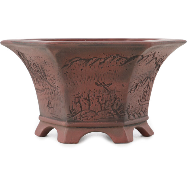 Hexagonal unglazed bonsai pot by Bigei - 155 x 155 x 80 mm