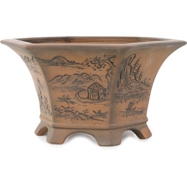 Hexagonal unglazed bonsai pot by Bigei - 155 x 155 x 80 mm
