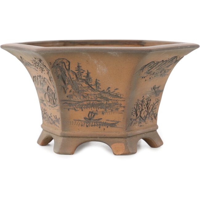 Hexagonal unglazed bonsai pot by Bigei - 155 x 155 x 80 mm