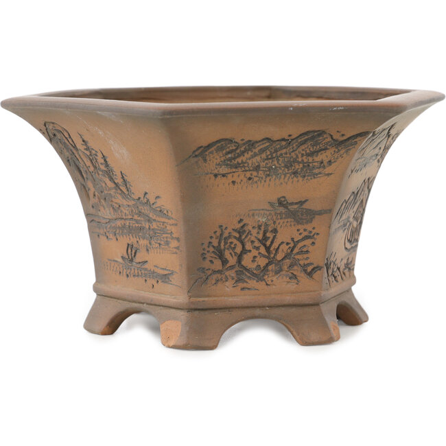 Hexagonal unglazed bonsai pot by Bigei - 155 x 155 x 80 mm