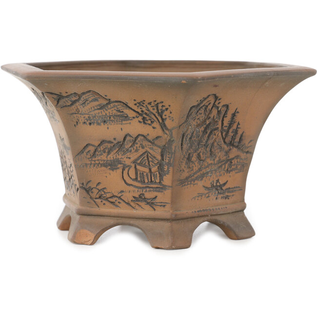 Hexagonal unglazed bonsai pot by Bigei - 155 x 155 x 80 mm