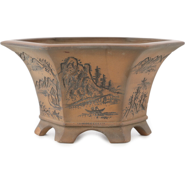 Hexagonal unglazed bonsai pot by Bigei - 155 x 155 x 80 mm