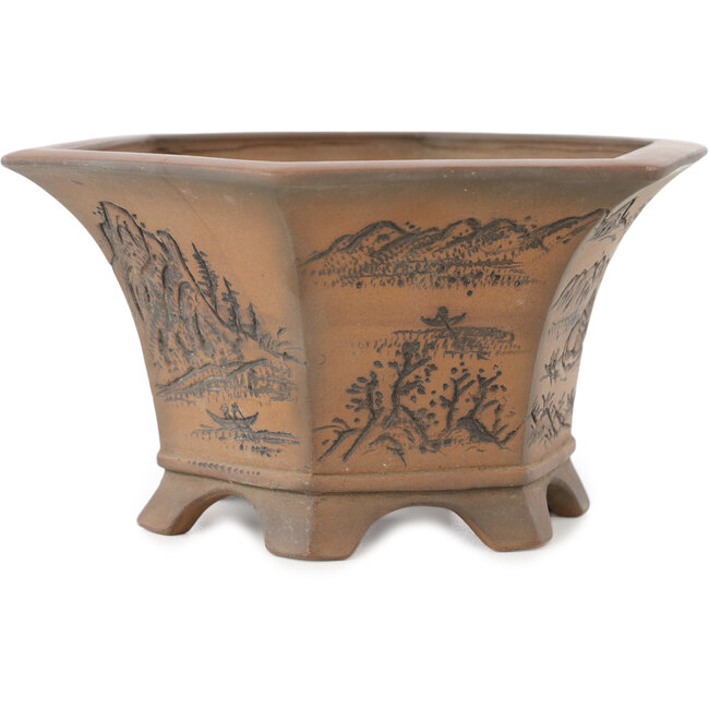 Hexagonal unglazed bonsai pot by Bigei - 155 x 155 x 80 mm