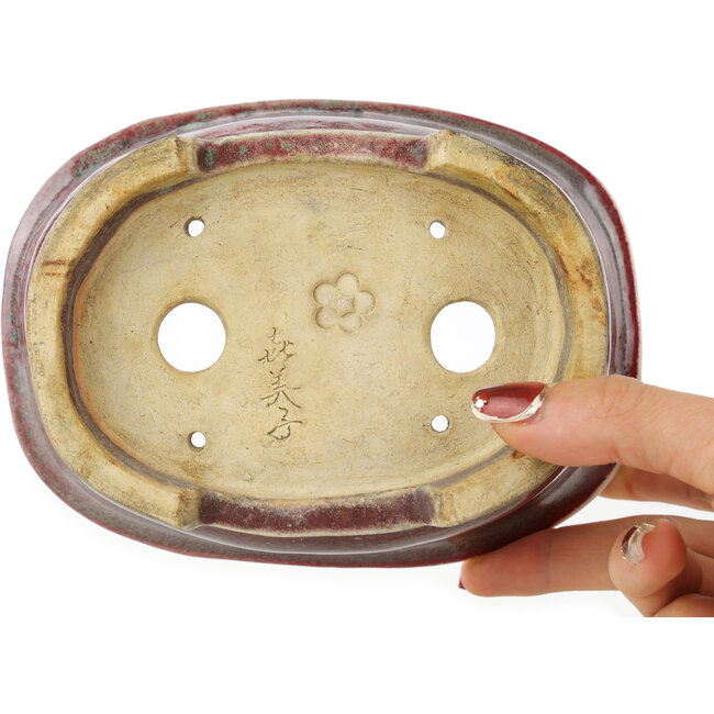 Oval red and blue bonsai pot by Matuei Kimiko - 157 x 115 x 68 mm