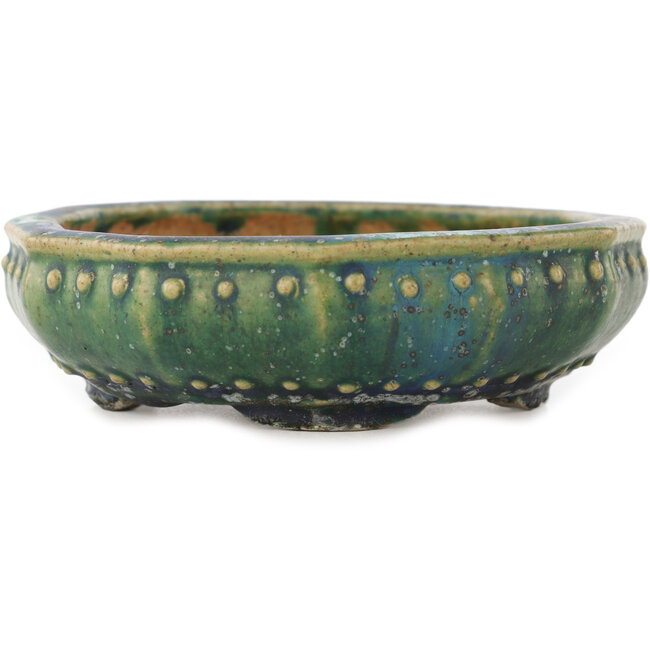 Round green and blue bonsai pot by Koyou - 127 x 127 x 37 mm