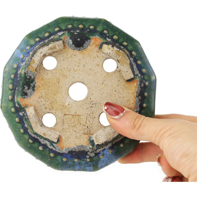 Maceta redonda verde y azul para bonsái de Koyou - 127 x 127 x 37 mm