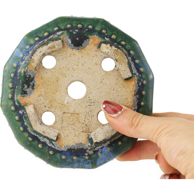 Round green and blue bonsai pot by Koyou - 127 x 127 x 37 mm