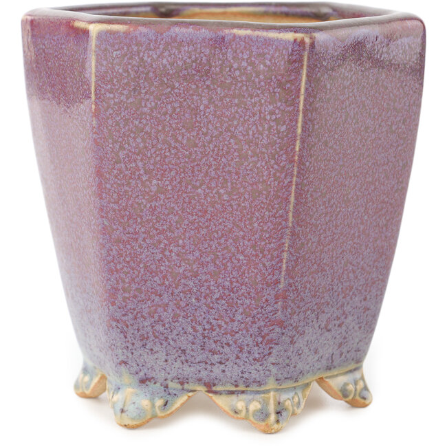 Hexagonal red and white bonsai pot by Eime Yozan - 105 x 105 x 105 mm