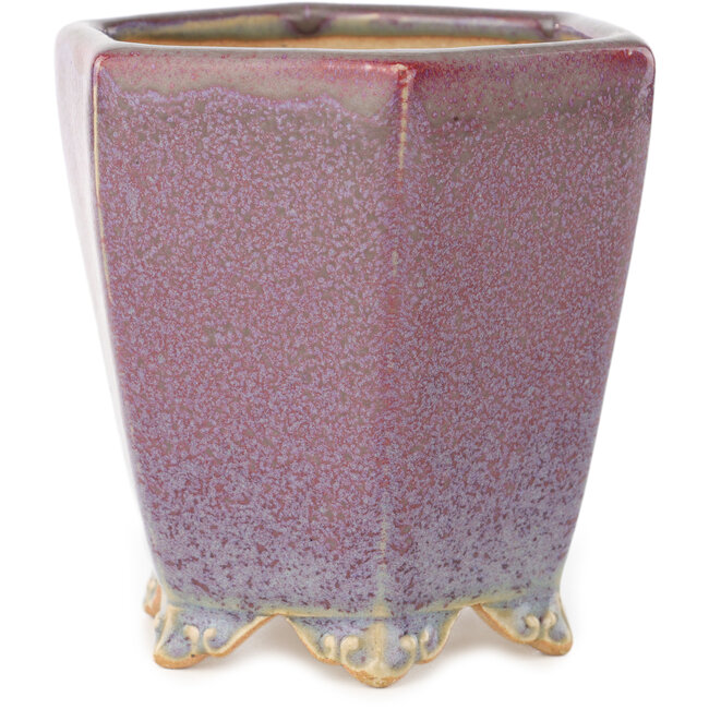 Hexagonal red and white bonsai pot by Eime Yozan - 105 x 105 x 105 mm