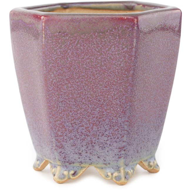 Pot à bonsaï hexagonal rouge et blanc par Eime Yozan - 105 x 105 x 105 mm