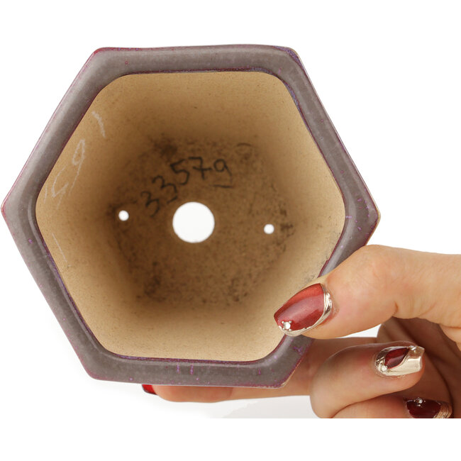 Vaso bonsai esagonale rosso e bianco di Eime Yozan - 105 x 105 x 105 mm