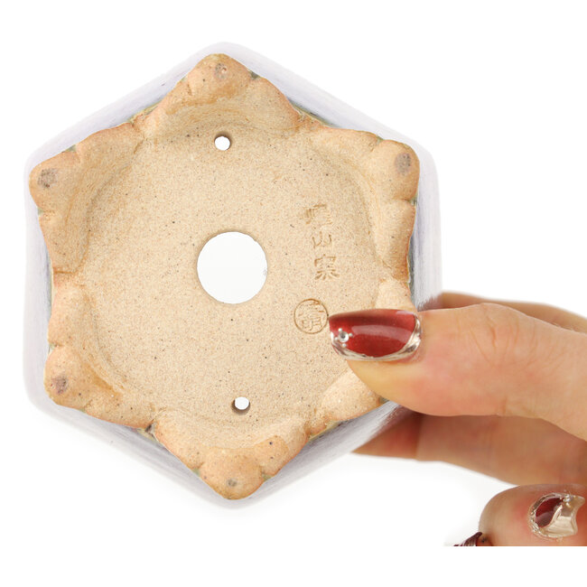 Hexagonal red and white bonsai pot by Eime Yozan - 105 x 105 x 105 mm