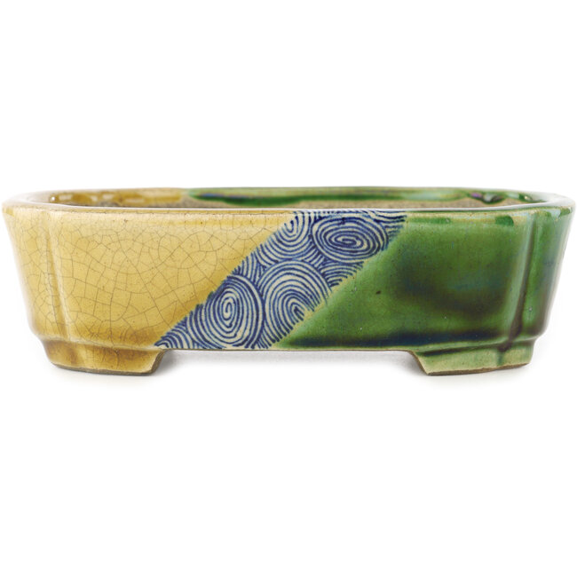 Pot à bonsaï ovale vert et jaune par Terahata Satomi Mazan - 162 x 122 x 47 mm