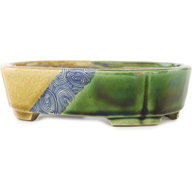 Oval green and yellow  bonsai pot by Terahata Satomi Mazan - 162 x 122 x 47 mm