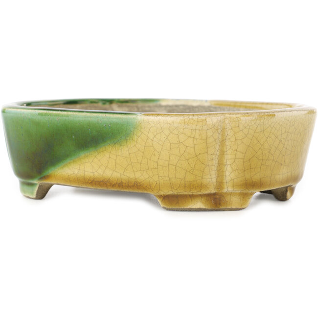 Oval green and yellow  bonsai pot by Terahata Satomi Mazan - 162 x 122 x 47 mm