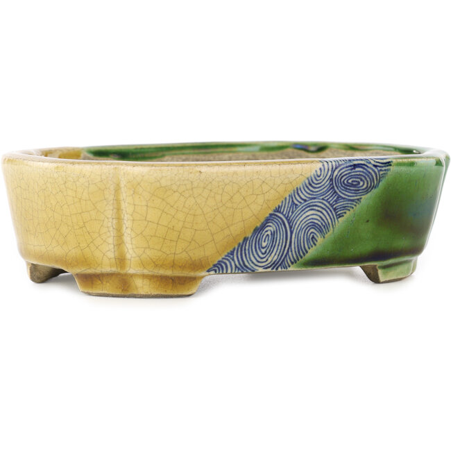 Vaso bonsai ovale verde e giallo di Terahata Satomi Mazan - 162 x 122 x 47 mm