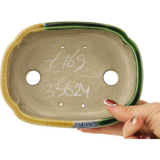 Oval green and yellow  bonsai pot by Terahata Satomi Mazan - 162 x 122 x 47 mm