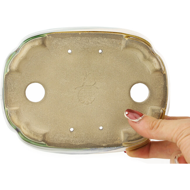 Ovaler grün-gelber Bonsaitopf von Terahata Satomi Mazan – 162 x 122 x 47 mm