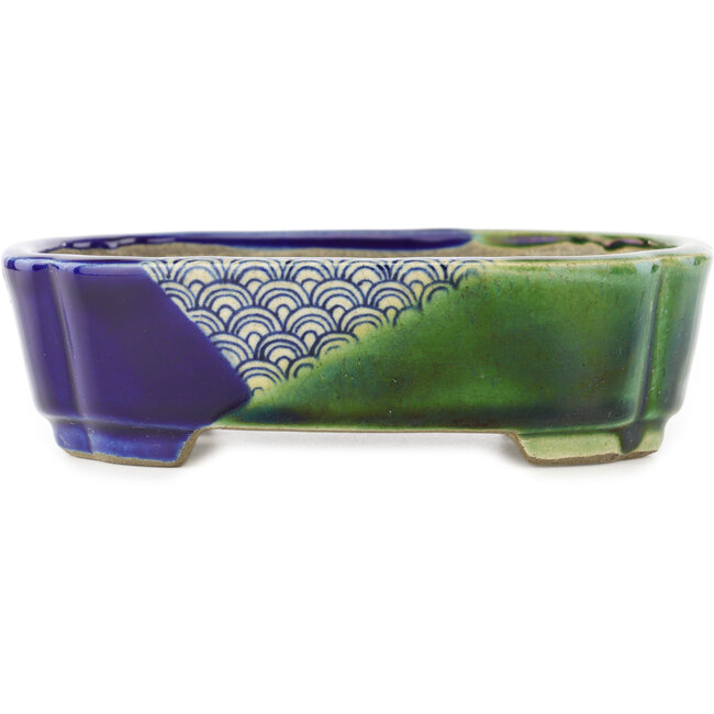 Pot à bonsaï ovale bleu et vert par Terahata Satomi Mazan - 162 x 122 x 47 mm