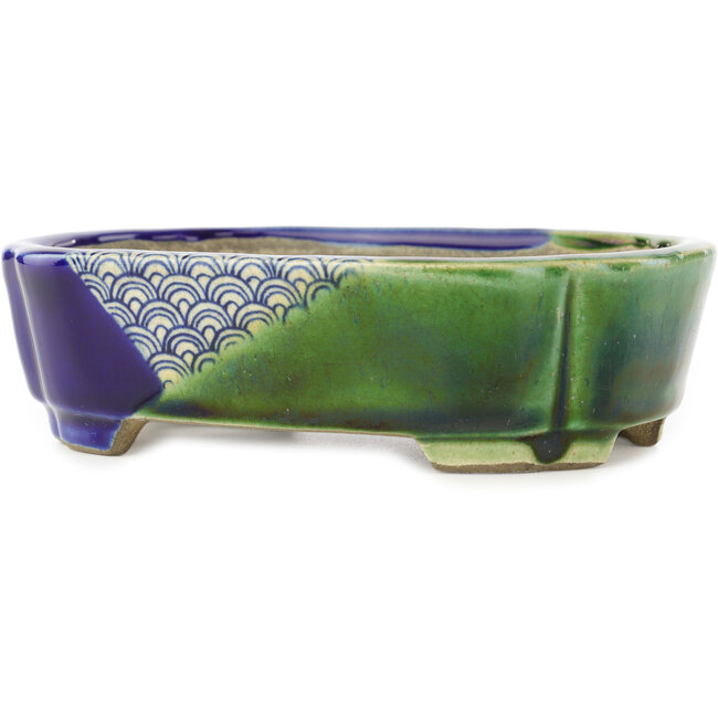 Oval blue and green bonsai pot by Terahata Satomi Mazan - 162 x 122 x 47 mm