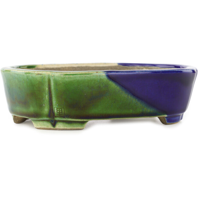 Pot à bonsaï ovale bleu et vert par Terahata Satomi Mazan - 162 x 122 x 47 mm