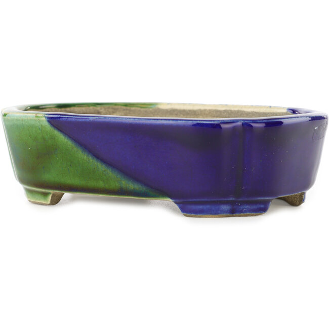 Oval blue and green bonsai pot by Terahata Satomi Mazan - 162 x 122 x 47 mm