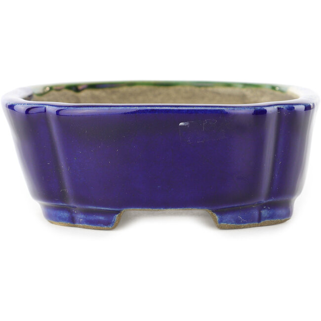 Oval blue and green bonsai pot by Terahata Satomi Mazan - 162 x 122 x 47 mm