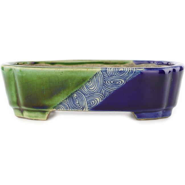 Pot à bonsaï ovale vert et bleu par Terahata Satomi Mazan - 162 x 122 x 47 mm