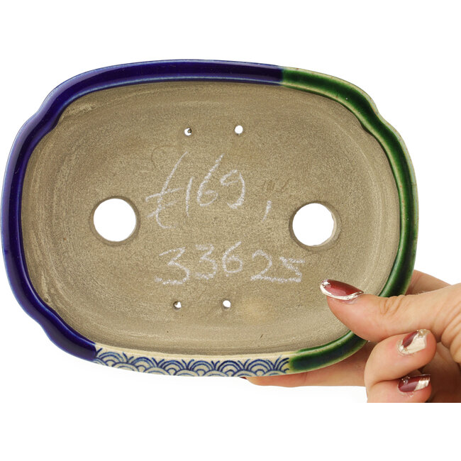 Oval blue and green bonsai pot by Terahata Satomi Mazan - 162 x 122 x 47 mm