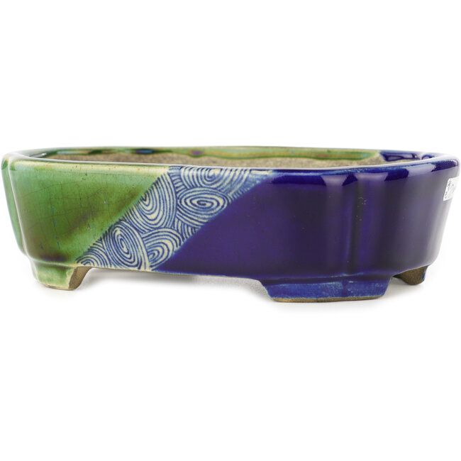 Vaso bonsai ovale verde e blu di Terahata Satomi Mazan - 162 x 122 x 47 mm