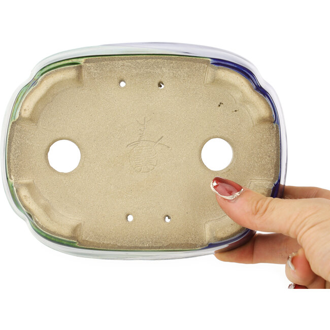 Pot à bonsaï ovale bleu et vert par Terahata Satomi Mazan - 162 x 122 x 47 mm