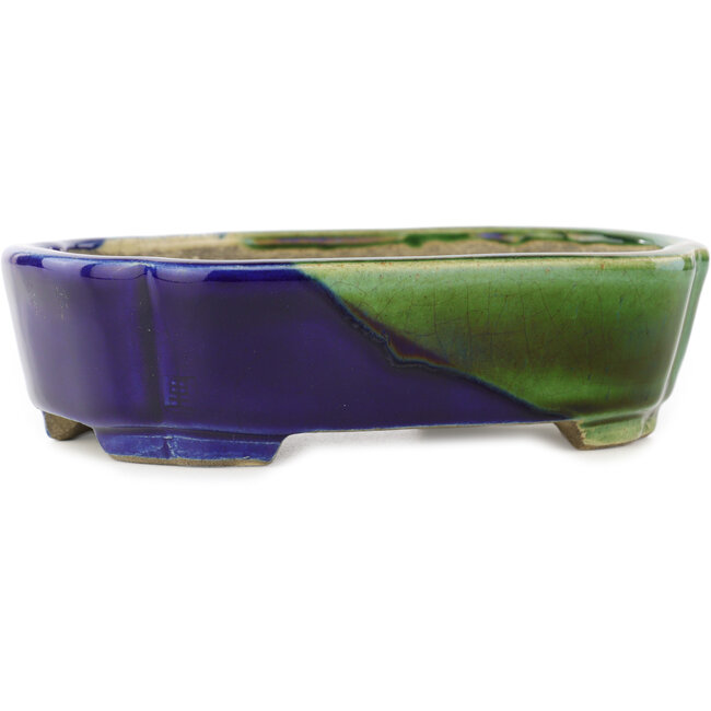 Ovale groen en blauwe bonsaipot van Terahata Satomi Mazan - 162 x 122 x 47 mm