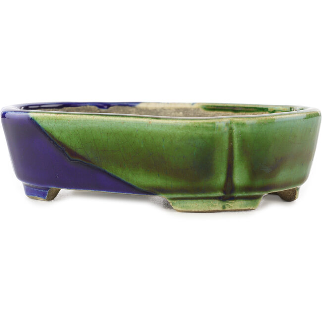 Ovale groen en blauwe bonsaipot van Terahata Satomi Mazan - 162 x 122 x 47 mm