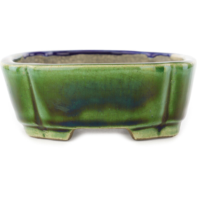 Ovale groen en blauwe bonsaipot van Terahata Satomi Mazan - 162 x 122 x 47 mm