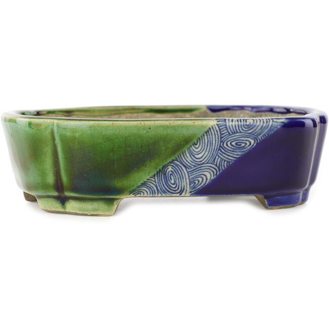 Ovaler grüner und blauer Bonsaitopf von Terahata Satomi Mazan – 162 x 122 x 47 mm