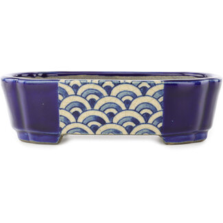  Satomi Mazan, Mazan Terahata 162 mm oval blue bonsai pot by Terahata Satomi Mazan, Tokoname, Japan