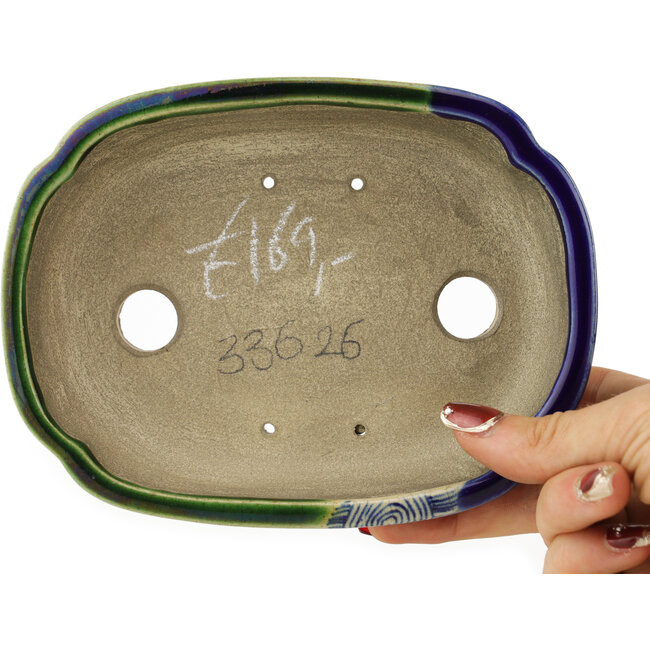 Oval green and blue bonsai pot by Terahata Satomi Mazan - 162 x 122 x 47 mm
