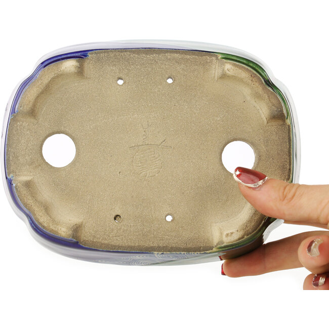 Maceta ovalada para bonsái verde y azul de Terahata Satomi Mazan - 162 x 122 x 47 mm