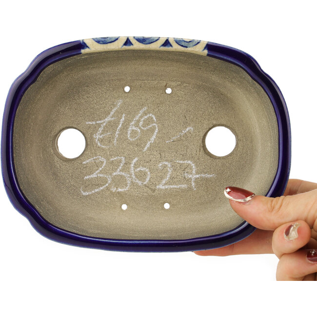 Oval blue bonsai pot by Terahata Satomi Mazan - 162 x 122 x 47 mm