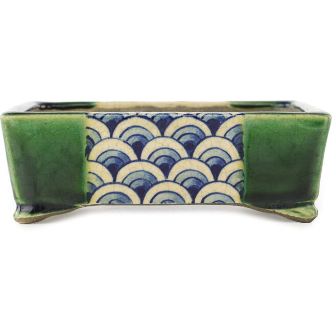 Maceta rectangular para bonsái verde y azul de Terahata Satomi Mazan - 153 x 128 x 52 mm