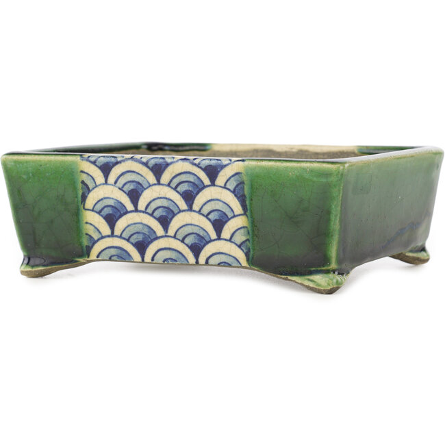 Rechthoekige groen en blauwe bonsaipot van Terahata Satomi Mazan - 153 x 128 x 52 mm