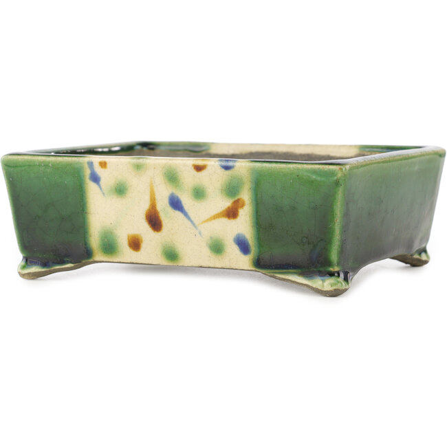 Rectangular green and blue bonsai pot by Terahata Satomi Mazan - 153 x 128 x 52 mm