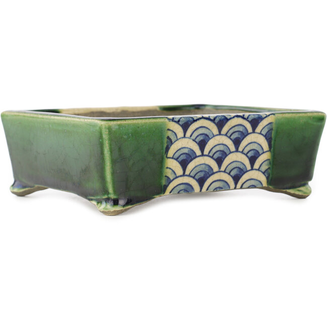 Rectangular green and blue bonsai pot by Terahata Satomi Mazan - 153 x 128 x 52 mm