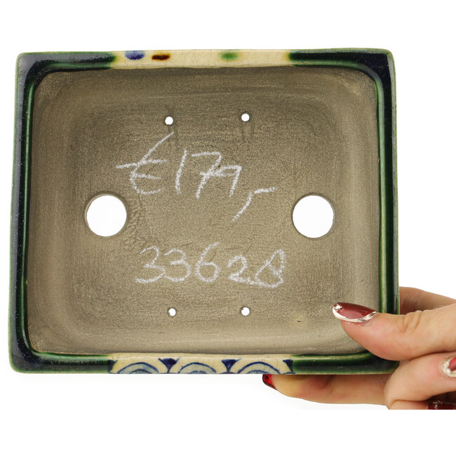 Rectangular green and blue bonsai pot by Terahata Satomi Mazan - 153 x 128 x 52 mm