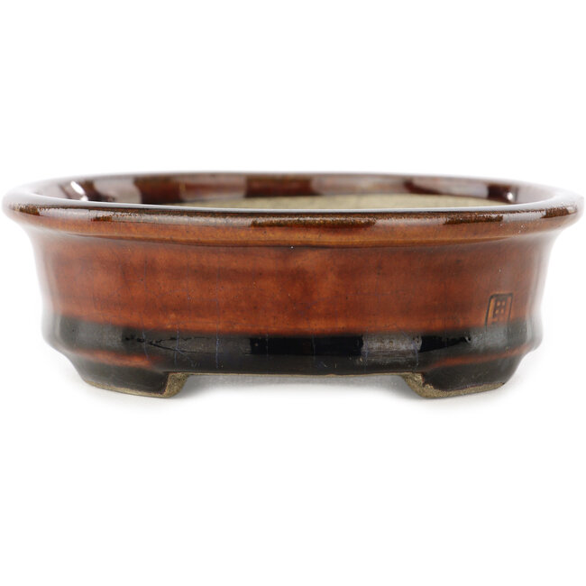 Oval brown bonsai pot by Terahata Satomi Mazan - 140 x 115 x 35 mm