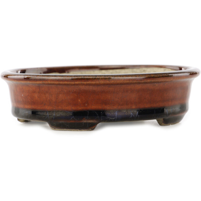Oval brown bonsai pot by Terahata Satomi Mazan - 140 x 115 x 35 mm