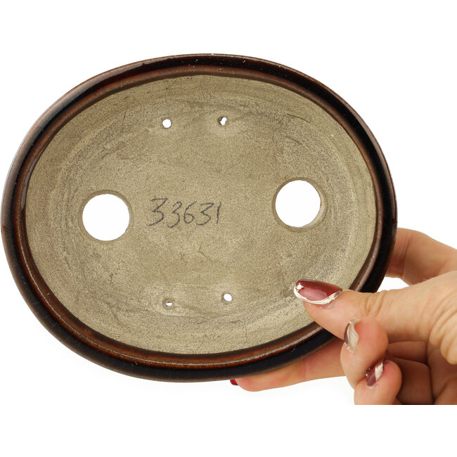 Oval brown bonsai pot by Terahata Satomi Mazan - 140 x 115 x 35 mm