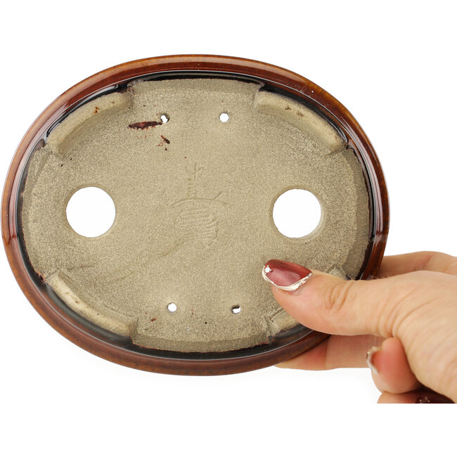 Oval brown bonsai pot by Terahata Satomi Mazan - 140 x 115 x 35 mm